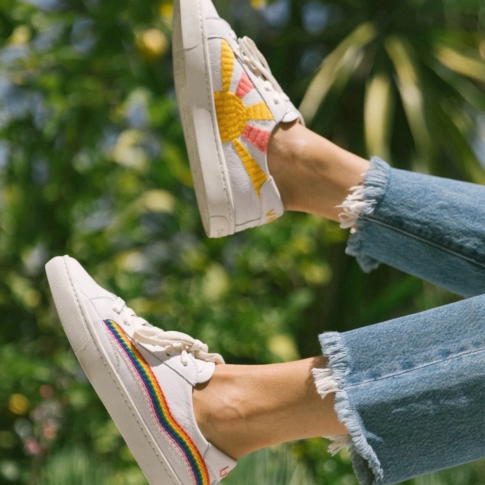 Soludos Ibiza - White Sneakers with Rainbow Side Stripe - Brand New